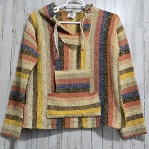 Orange Brown Blue Multi Striped Rasta Baja Surfer Boho Pullover Hoodie Large